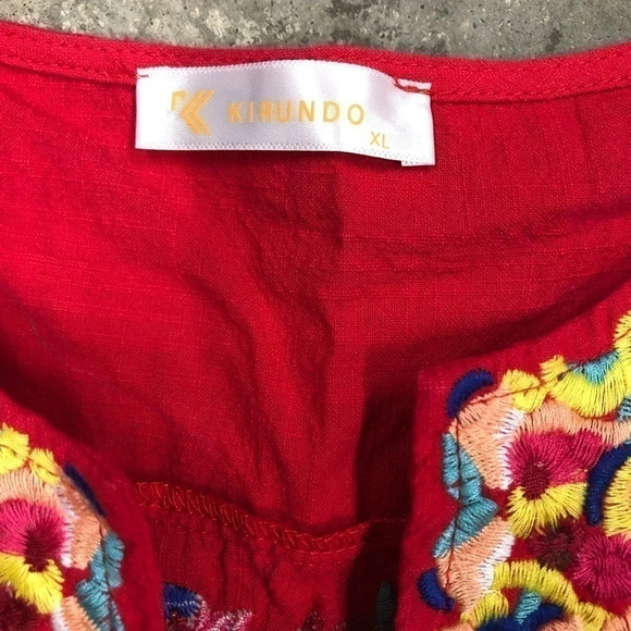Kirundo Pom Pom Sleeve Shift Dress Women’s Size XL NWOT Red / Embroidery Detail - Picture 4 of 7